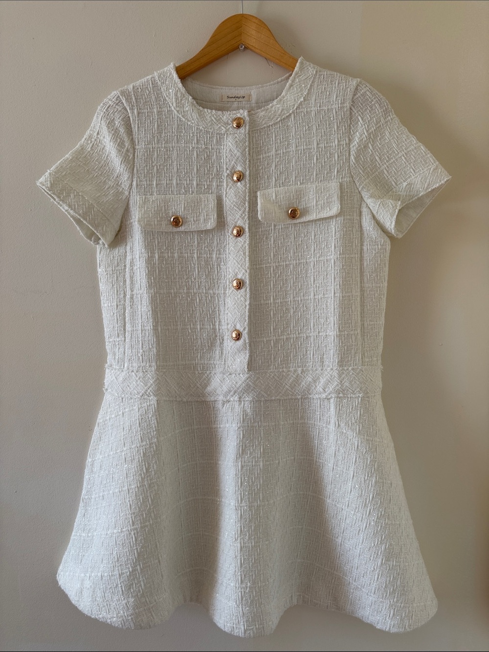 Sunday White Tweed Short-Sleeve Dress with Gold Buttons